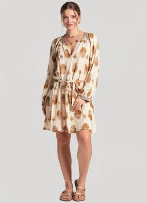 Robe mi-longue imprimé fantaisie manches longues beige LA PETITE ETOILE femme