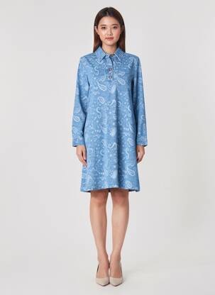 Robe mi-longue imprimé fantaisie manches longues bleu LA PETITE ETOILE femme