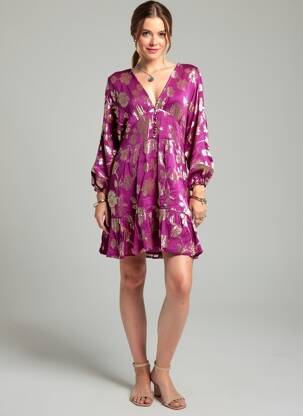 Robe mi-longue imprimé fleurs manches longues violet LA PETITE ETOILE femme