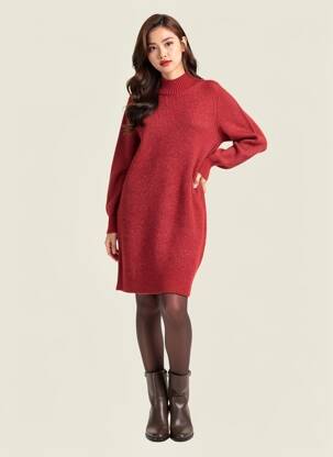 Robe pull coupe droite manches longues rouge ARTLOVE femme