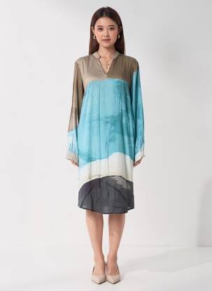 Robe mi-longue coupe fluide manches longues bleu NÜ femme