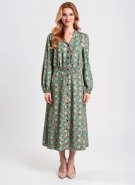 Robe mi-longue imprimé fleurs manches longues noir C'EST BEAU LA VIE femme