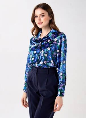 Chemisier imprimé fleurs manches longues bleu BIZANCE femme