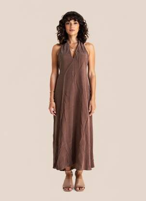 Robe longue tissage popeline sans manche marron PENNYBLACK femme