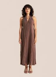 Robe longue tissage popeline sans manche marron PENNYBLACK femme