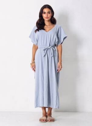 Robe longue manches courtes manches courtes bleu MAISON ANJE femme