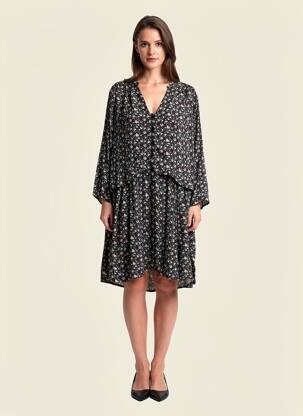 Robe mi-longue imprimé fleurs manches longues noir FIVE femme