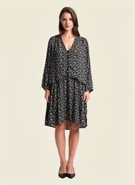 Robe mi-longue imprimé fleurs manches longues noir FIVE femme