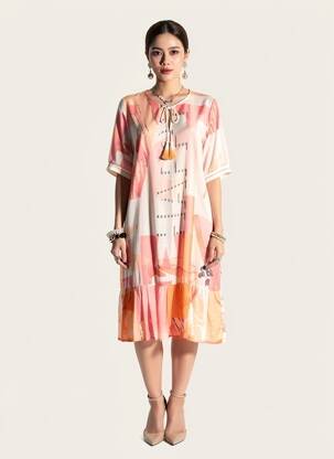 Robe mi-longue coupe fluide manches courtes rose TUZZI femme