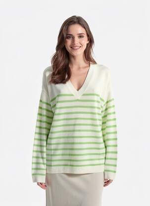 Pull col v manches longues vert ZOE ZONE OF EMBROIDERED femme