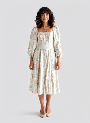 Robe mi-longue imprimé fleurs manches longues blanc SELKIE femme