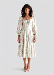 Robe mi-longue imprimé fleurs manches longues blanc SELKIE femme