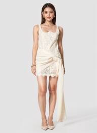 Robe courte fermeture zippée au dos fines bretelles beige INNOVARE DENIM femme