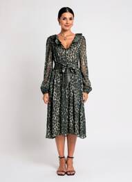 Robe mi-longue tissage crêpe manches longues vert TRAFFIC PEOPLE femme