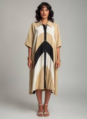 Robe mi-longue coupe fluide manches courtes beige MAT. femme