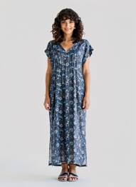 Robe longue tissage popeline manches courtes bleu ESPRIT DE LA MER femme
