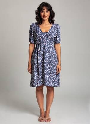 Robe mi-longue imprimé fleurs manches courtes bleu BAMBOO'S femme
