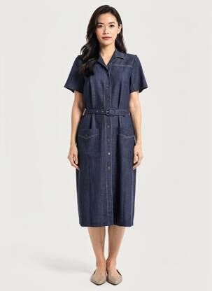 Robe mi-longue manches longues manches longues bleu GEVANA femme