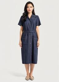 Robe mi-longue tissage crêpe manches longues bleu GEVANA femme