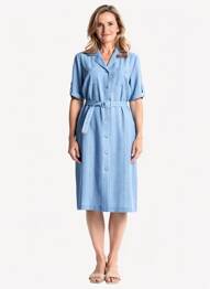Robe mi-longue tissage crêpe manches courtes bleu GEVANA femme