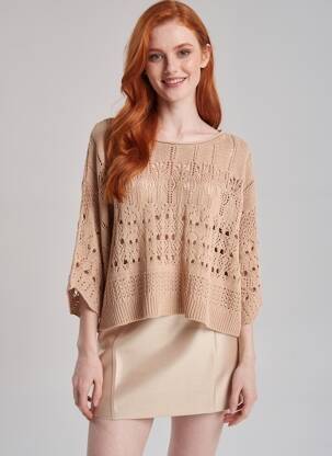 Pull maille ajourée manches 3/4 marron TIFFOSI femme