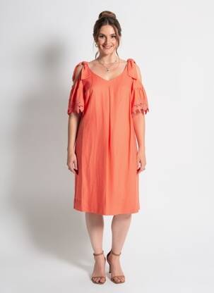Robe mi-longue tissage crêpe manches courtes orange LAUREL femme