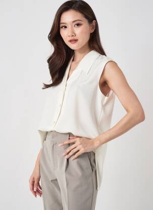Chemisier tissage crêpe sans manche beige PRUNELLE femme