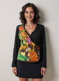 T-shirt imprimé fantaisie manches longues noir MSN femme