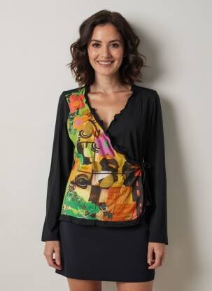 T-shirt imprimé fantaisie manches longues noir MSN femme