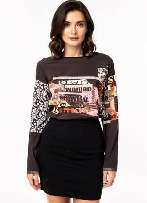 T-shirt imprimé fantaisie manches longues noir MSN femme