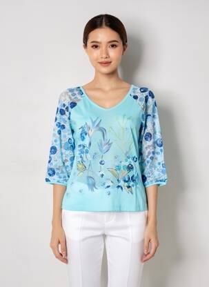 Top imprimé fantaisie manches 3/4 bleu STUDIO femme