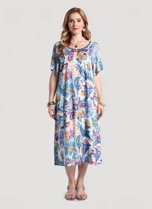 Robe mi-longue imprimé fleurs manches courtes bleu MASSANA femme
