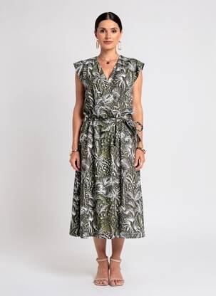 Robe mi-longue manches courtes manches courtes vert LEO & UGO femme