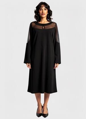 Robe mi-longue tissage crêpe manches longues noir FUEGO WOMAN femme