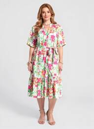 Robe mi-longue imprimé fleurs manches courtes vert LEO & UGO femme
