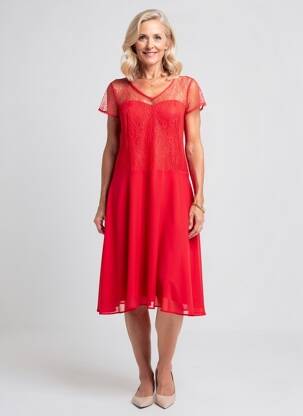 Robe mi-longue tissage crêpe manches courtes rouge GREGORY PAT femme
