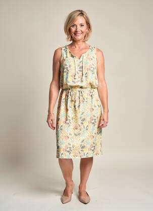 Robe mi-longue imprimé fleurs sans manche jaune GUY DUBOUIS femme