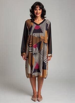 Robe mi-longue coupe fluide manches longues noir COULEURS DU TEMPS femme