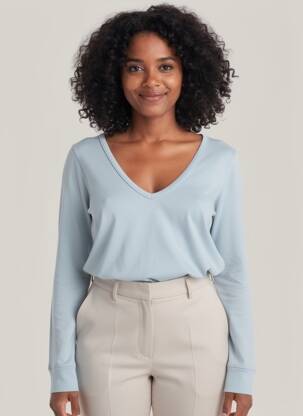 Top col v manches longues bleu MAJESTIC FILATURES femme