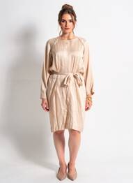 Robe mi-longue tissage crêpe manches longues beige INTROPIA femme