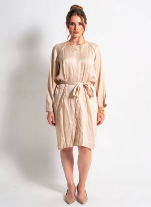 Robe mi-longue tissage crêpe manches longues beige INTROPIA femme