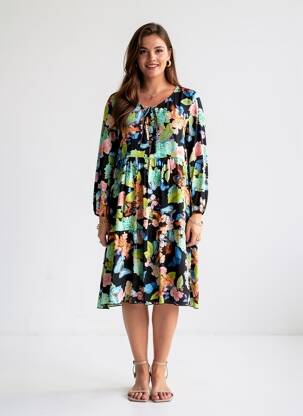 Robe mi-longue imprimé fleurs manches longues bleu CHIARA FIORINI femme