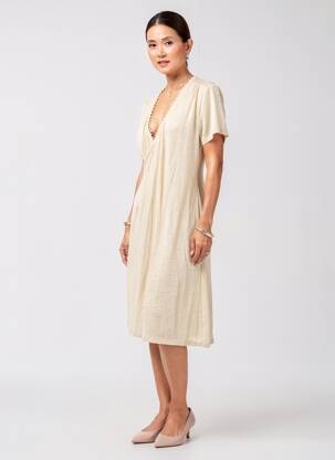 Robe mi-longue manches courtes manches courtes beige MAJESTIC FILATURES femme