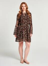 Robe courte tissage crêpe manches longues marron CERISE BLUE femme