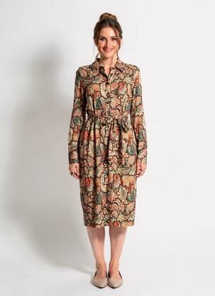 Robe mi-longue imprimé fleurs manches longues orange GEISHA femme
