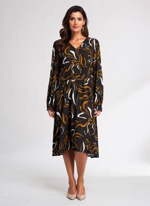Robe mi-longue imprimé fantaisie manches longues noir FRANSA femme
