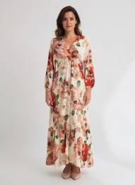 Robe longue imprimé fleurs manches 3/4 beige NINATI femme