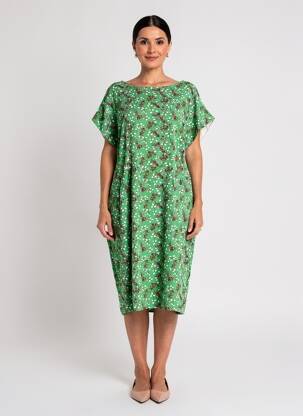 Robe mi-longue imprimé fleurs manches courtes vert COTELAC femme