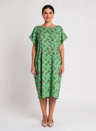 Robe mi-longue imprimé fleurs manches courtes vert COTELAC femme