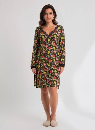 Chemise de nuit imprimé fleurs noir ANTIGEL femme